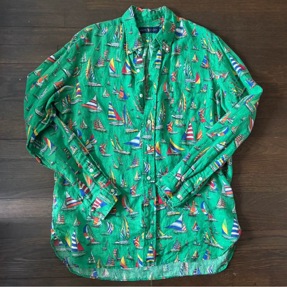Ralph Lauren Shirt Mens Linen Sailboats Print Size L